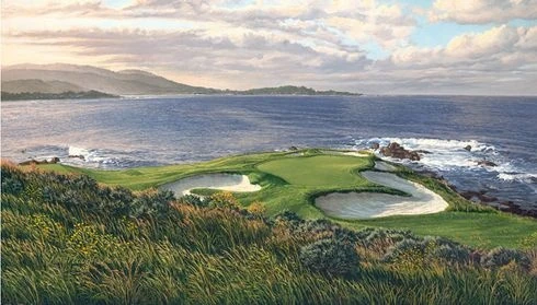 Coastal golf course with ocean views and greenside bunkers